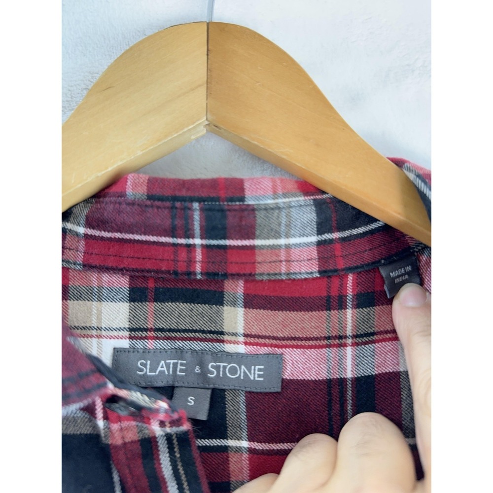 Slate & Stone Shirt Mens Small Red Plaid Flannel‎ Band Collar Long Sleeve Casual - Picture 2 of 6